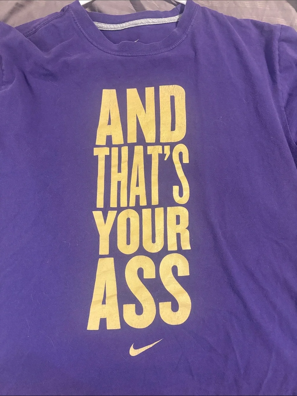 Vintage Nike Purple Tee with Gold Vertical Text